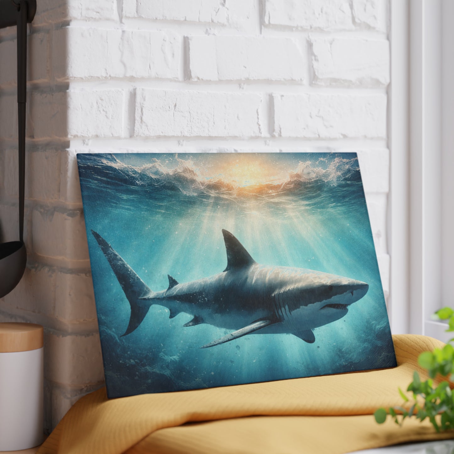Ocean Guardian Glass Cutting Board – Majestic Shark in Sunlit Blue Waters