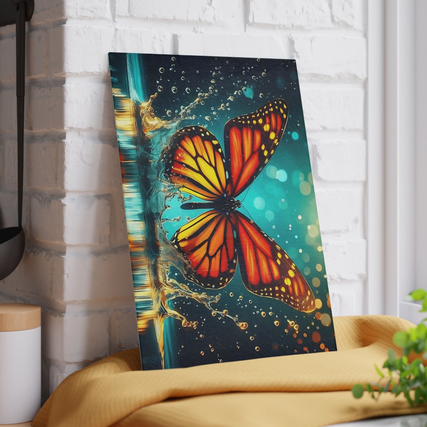 Monarch Butterfly Splash Glass Cutting Board – Vibrant Water Scene, Nature-Inspired Kitchen Decor