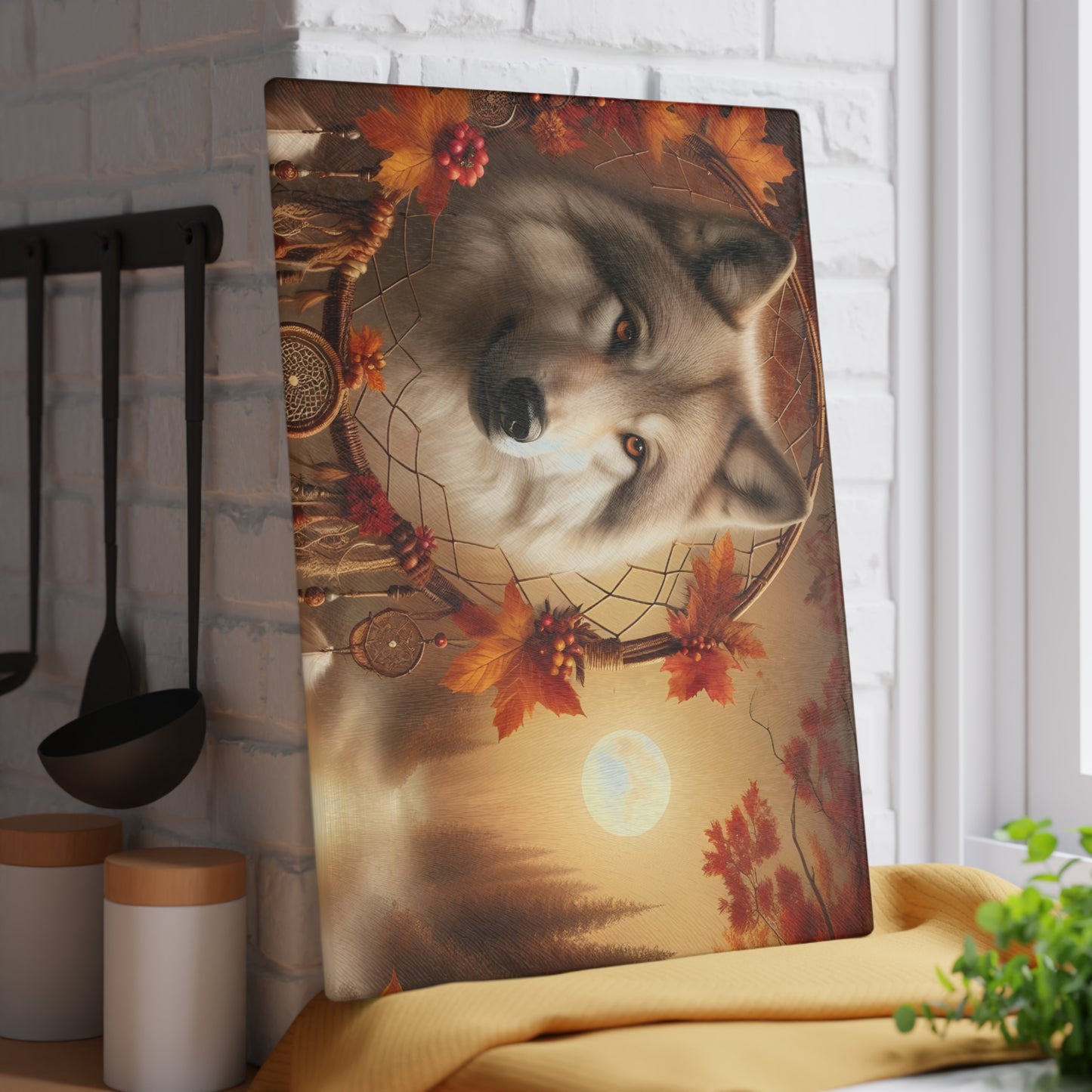 🐺 Autumn Wolf Dreamcatcher Cutting Board – Mystical Forest Elegance 🌕