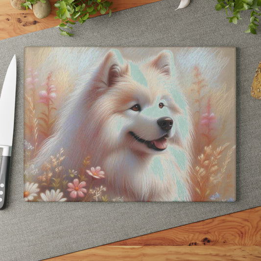 🐶 Samoyed Meadow Bloom Cutting Board – Fluffy White Charm for Your Kitchen 🌸