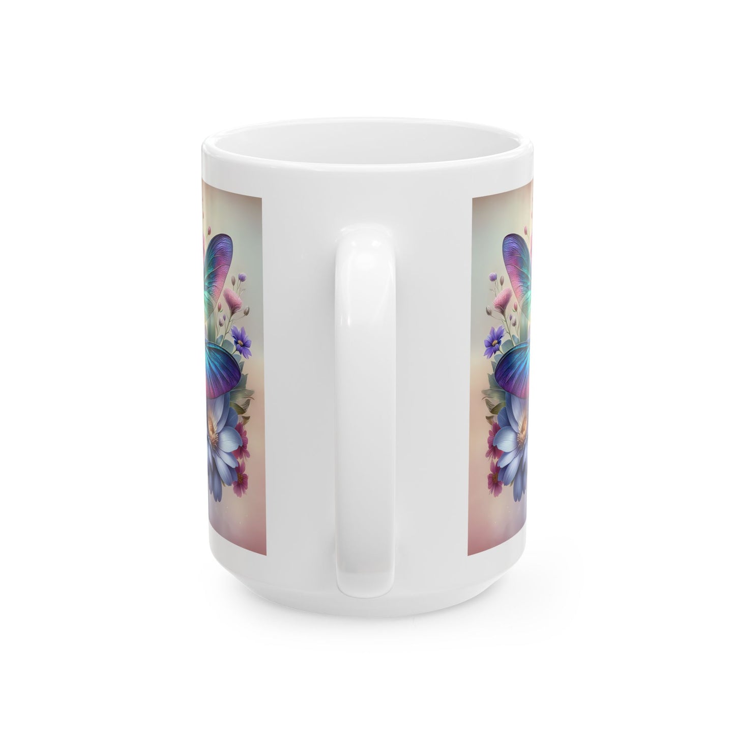 🌸 Vivid Garden Bloom – Envoltorio para taza de café con libélula arcoíris ☕