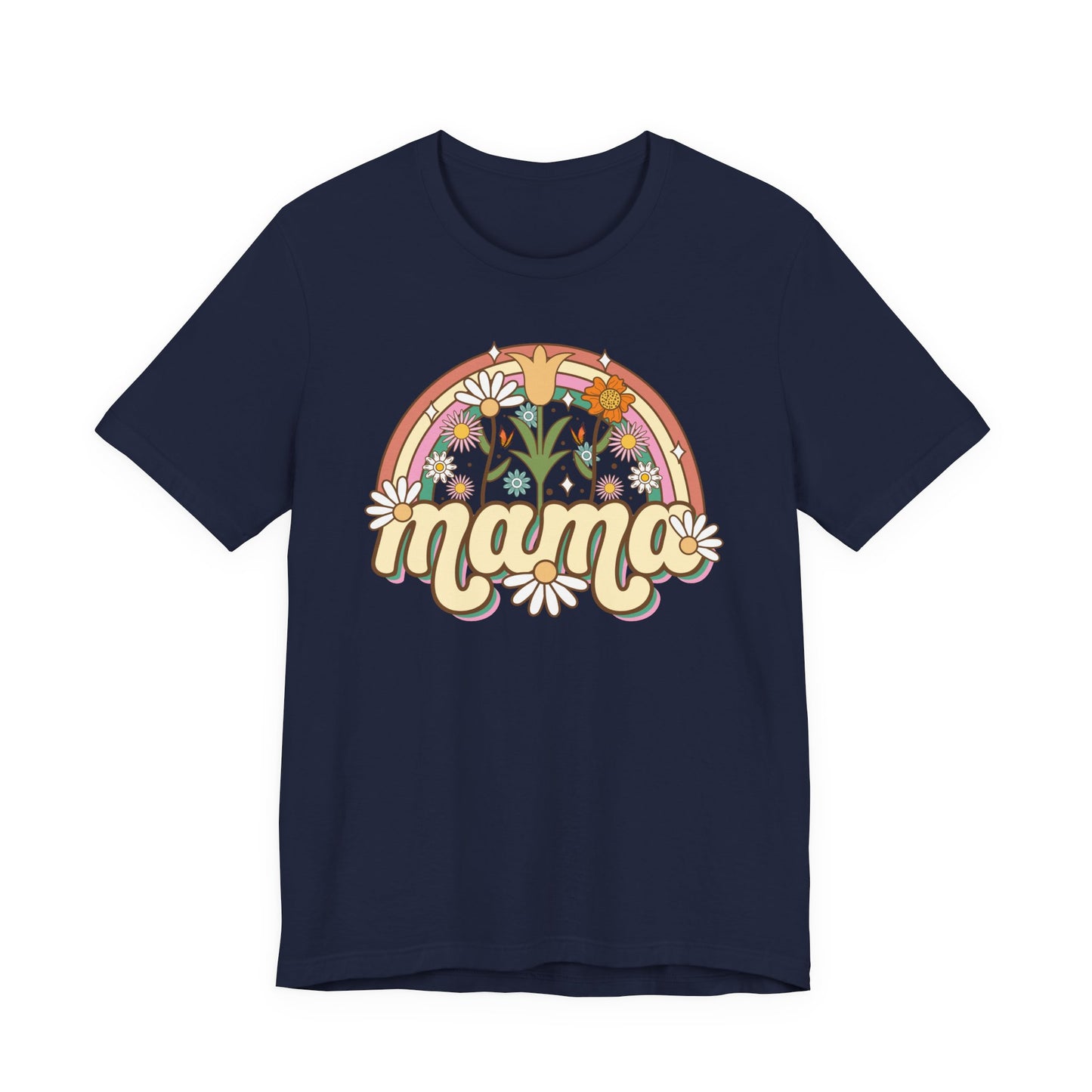 🌼🌈 Retro Floral Mama T-Shirt – Boho Rainbow Graphic Tee for Moms 🌻✨