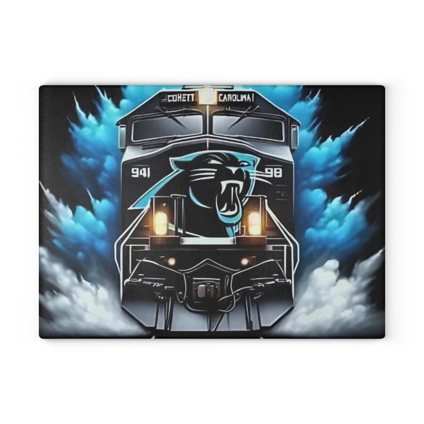 Panther Blue & Black Express Glass Cutting Board – Sleek Train Art for Bold Modern Kitchens