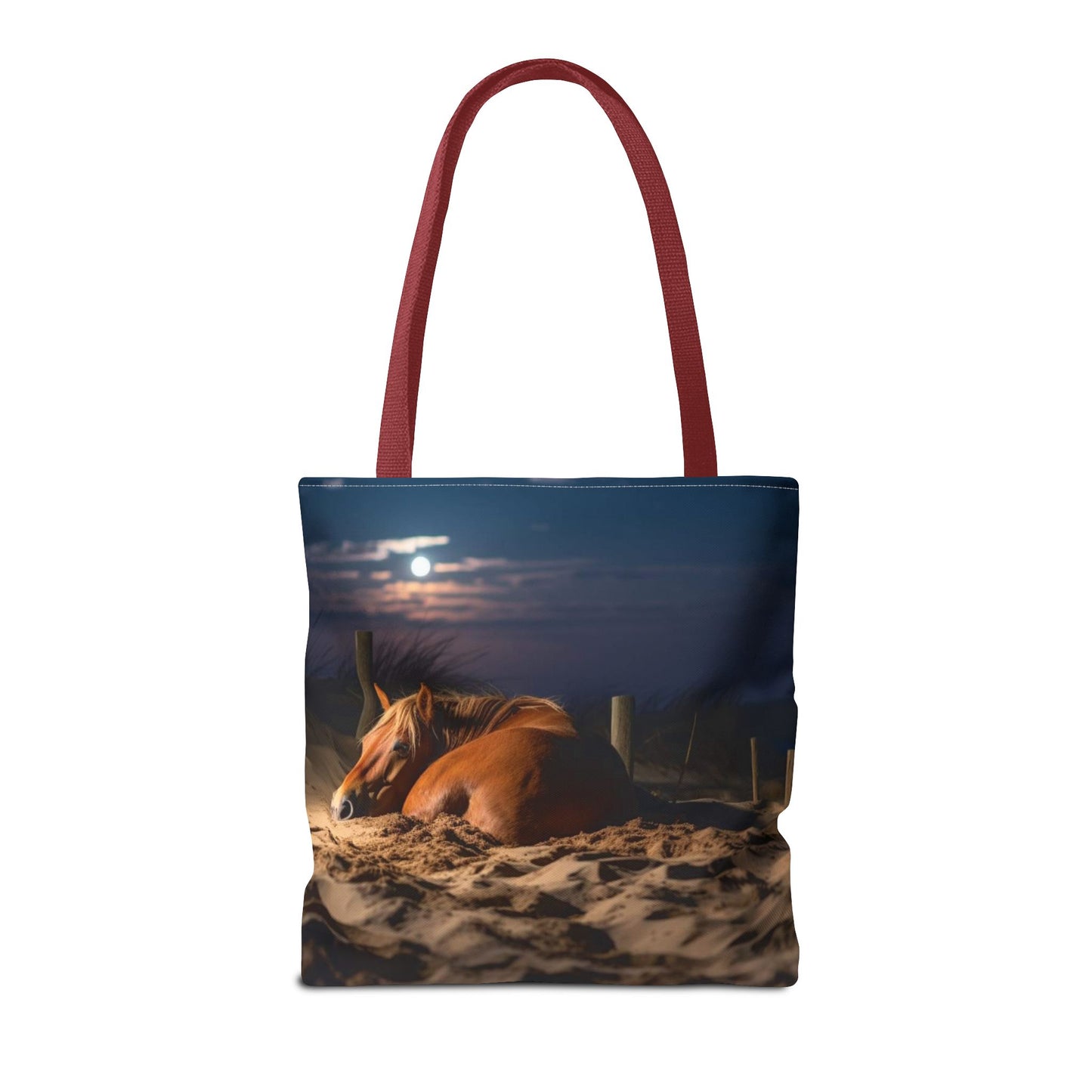 Bolsa de tela "Caballo durmiendo en la playa bajo la luz de la luna": una escapada serena a cada paso