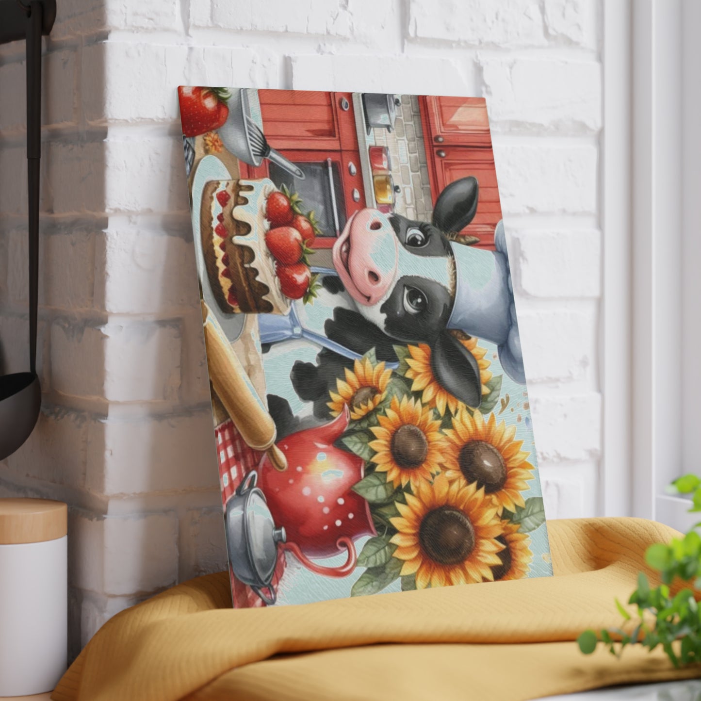 🐄 Baking Cow with Strawberries & Sunflowers Cutting Board – Whimsical Farmhouse Kitchen Fun 🍓🌻