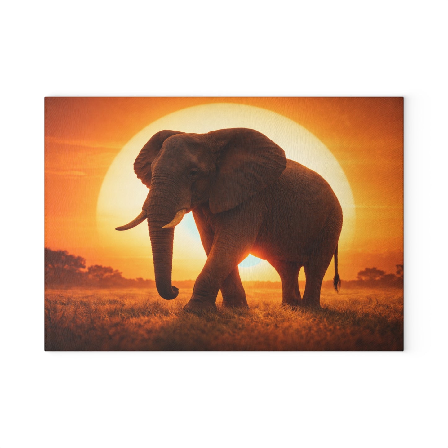 Golden Sunset Elephant Glass Cutting Board – Majestic Safari Wildlife Kitchen Art