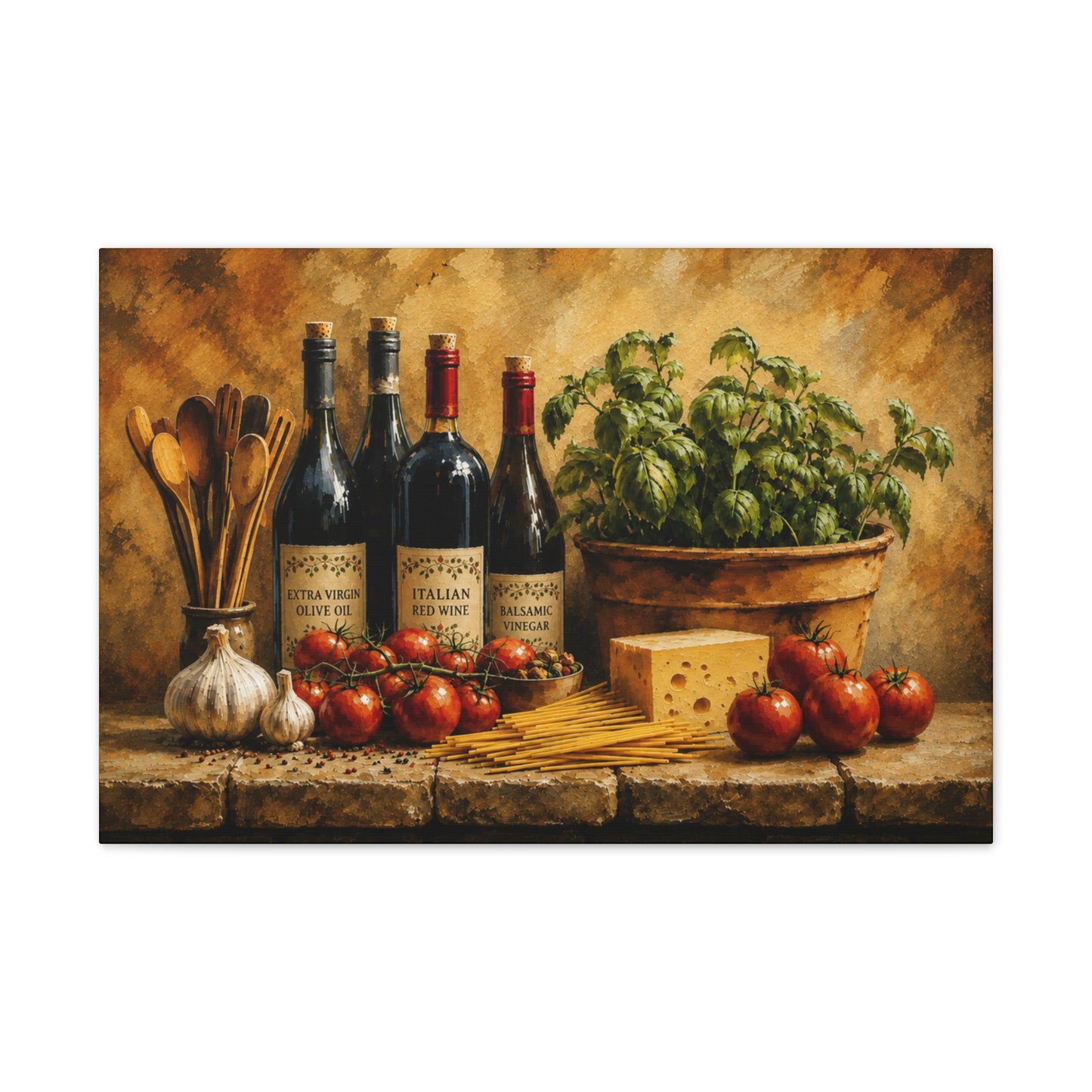 Rustic Italian Kitchen Stretched Canvas Wall Art – Tuscan Kitchen Decor – Italian Food & Wine Canvas