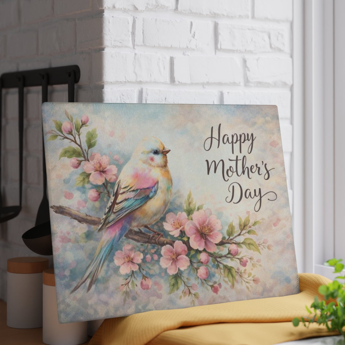 Happy Mother’s Day Bird & Cherry Blossom Glass Cutting Board – Soft Spring Floral Kitchen Accent