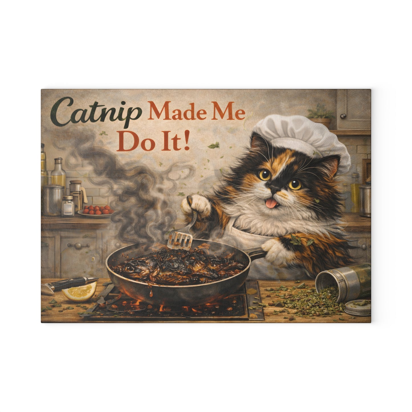 Catnip Made Me Do It Glass Cutting Board – Funny Cat Kitchen Art