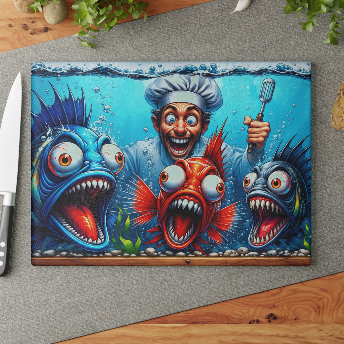 Kitchen Chaos: Fish & Chef Glass Cutting Board – Playful Aquarium Kitchen Art