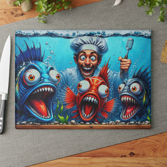 Kitchen Chaos: Fish & Chef Glass Cutting Board – Playful Aquarium Kitchen Art