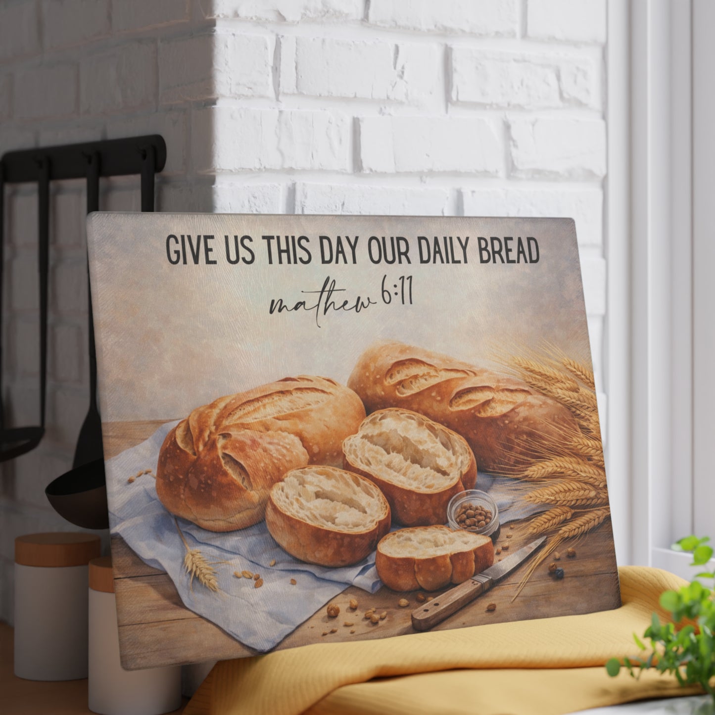 Give Us This Day Our Daily Bread Glass Cutting Board – Matthew 6:11 Faith-Inspired Kitchen Art