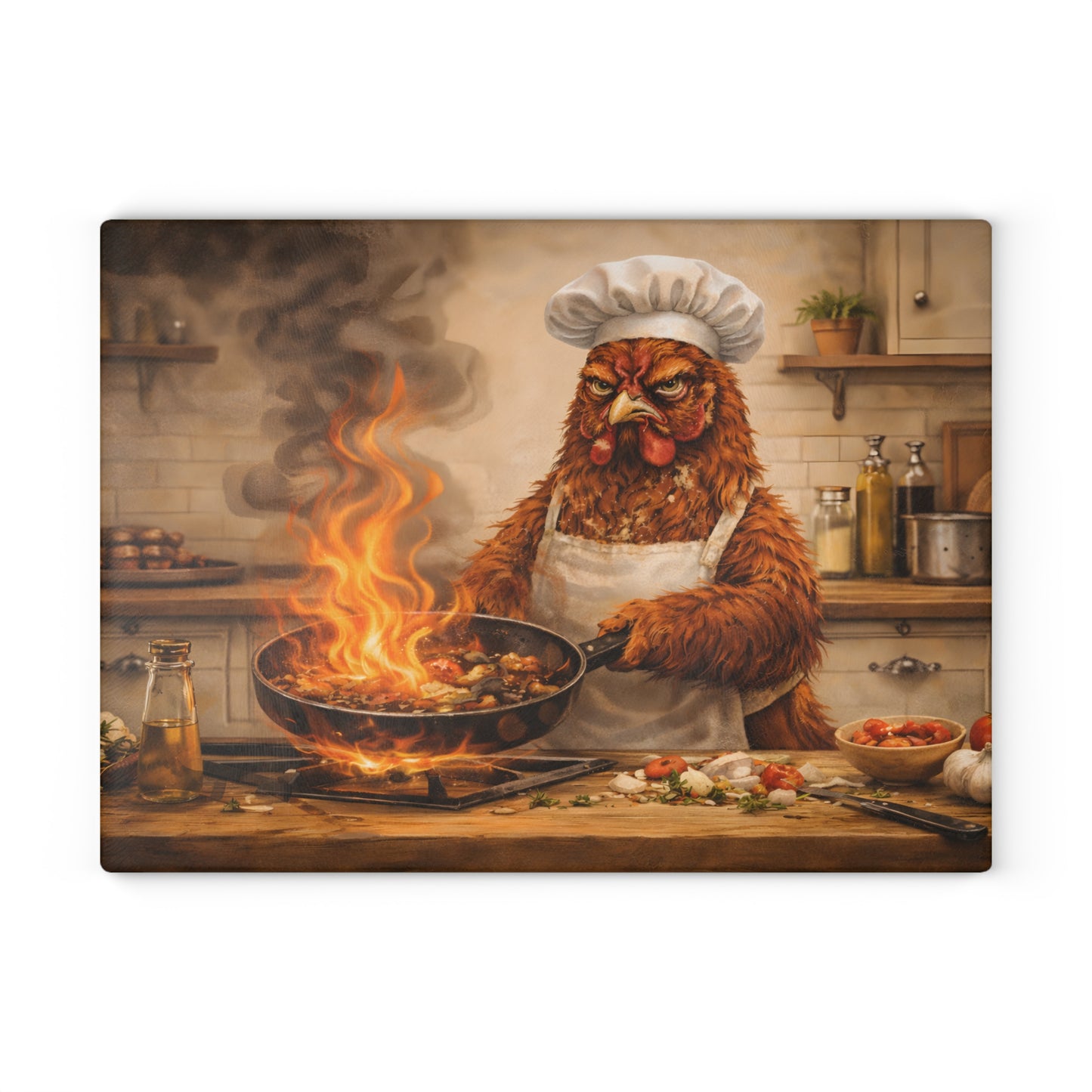 Angry Chicken Chef Glass Cutting Board – Funny Kitchen Chaos Farm Art
