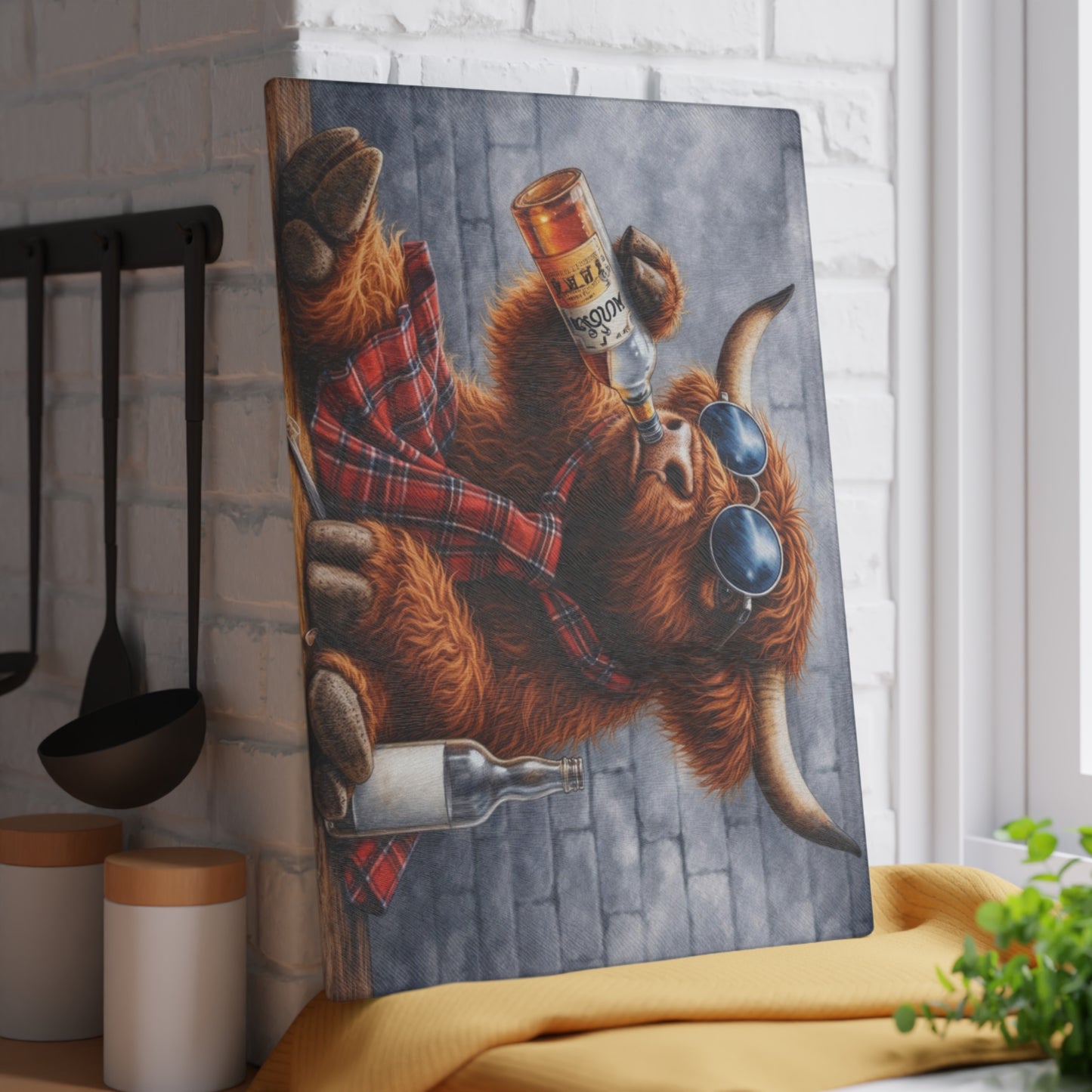 Cool Shades Highland Cow Glass Cutting Board – Playful Farm Bar Art with Bold Rustic Attitude