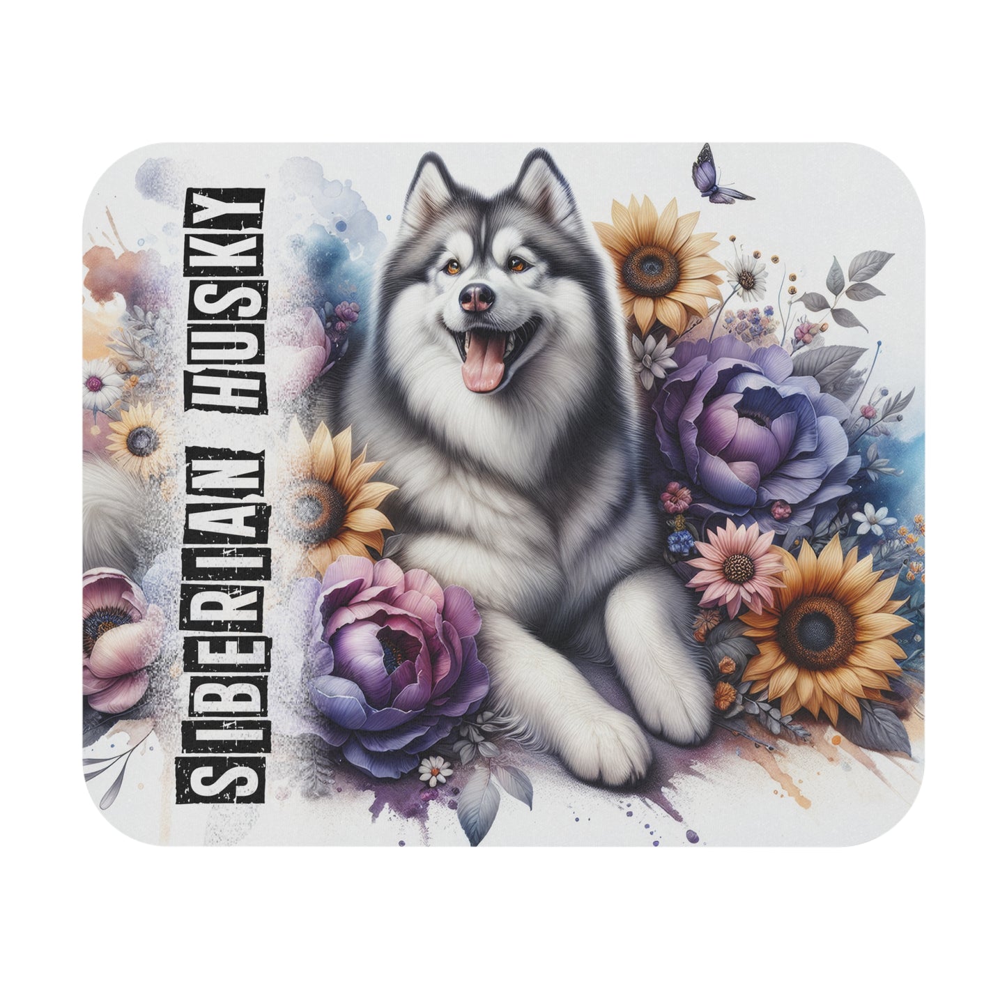 🖱️❄️🌼 Siberian Husky Mouse Pad – Fluffy Husky with Sunflowers & Cool Florals