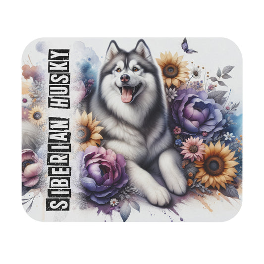 🖱️❄️🌼 Siberian Husky Mouse Pad – Fluffy Husky with Sunflowers & Cool Florals
