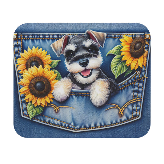 🖱️🐾🌻 Schnauzer Mouse Pad – Denim Pocket Pup with Sunflowers
