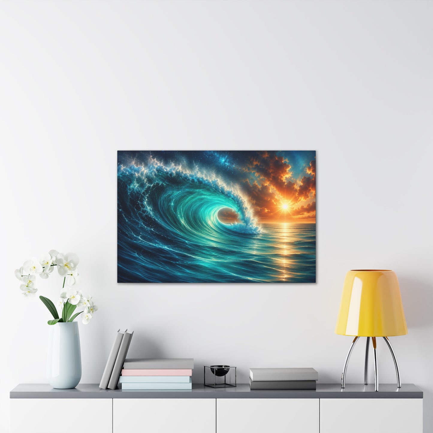 Ocean Wave Sunset Stretched Canvas Wall Art – Coastal Ocean Canvas – 36 × 24 Inches