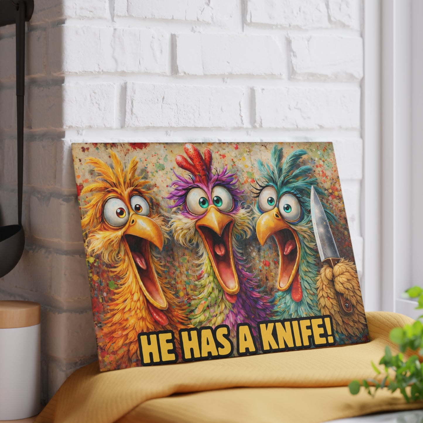 He Has a Knife! Funny Chicken Glass Cutting Board – Bold Farmhouse Kitchen Humor