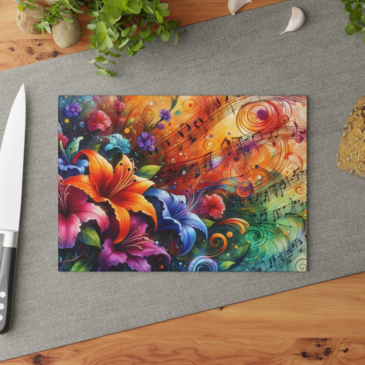🎶🌺 Music and Flowers Cutting Board – Artistic Harmony for Your Kitchen 🌈
