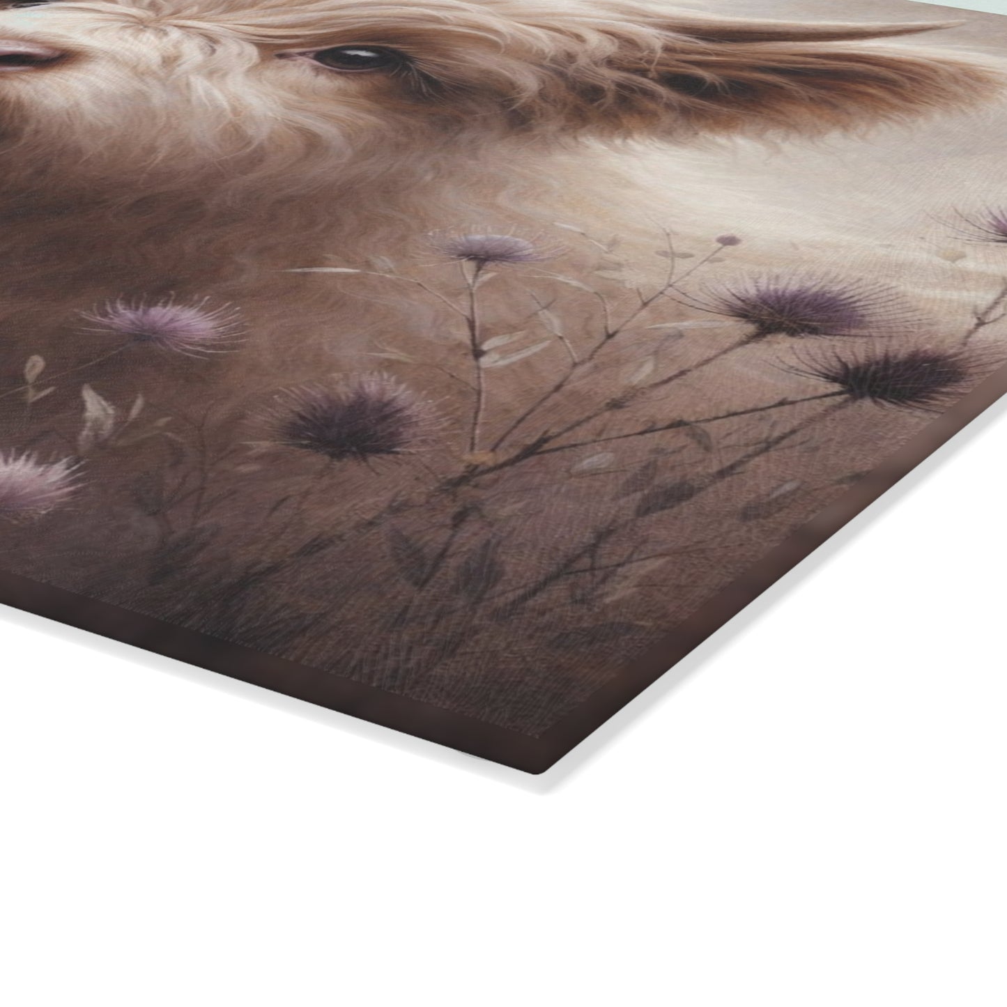 Gentle Highland Calf Glass Cutting Board – Soft Farmhouse Kitchen Art with Floral Accents