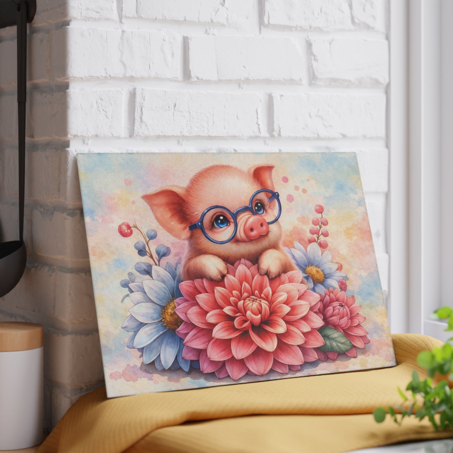 Smart Piglet with Flowers Glass Cutting Board – Farmhouse Kitchen Decor