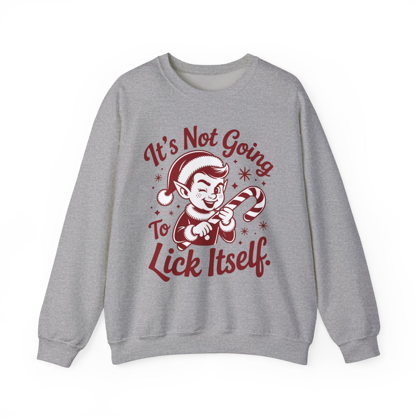 🍭😅 “It’s Not Going To Lick Itself” Men’s Funny Elf Sweatshirt – Bold Candy Cane Humor Crewneck