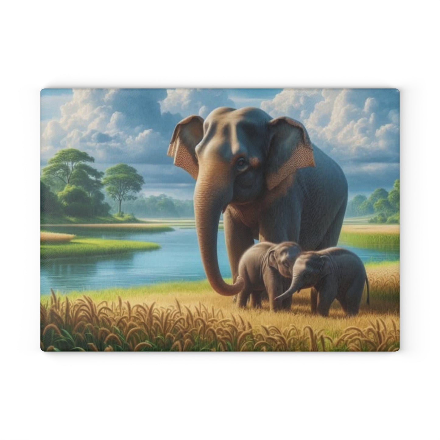 Mama Elephant and Babies Glass Cutting Board – Nature-Inspired Wildlife Kitchen Decor