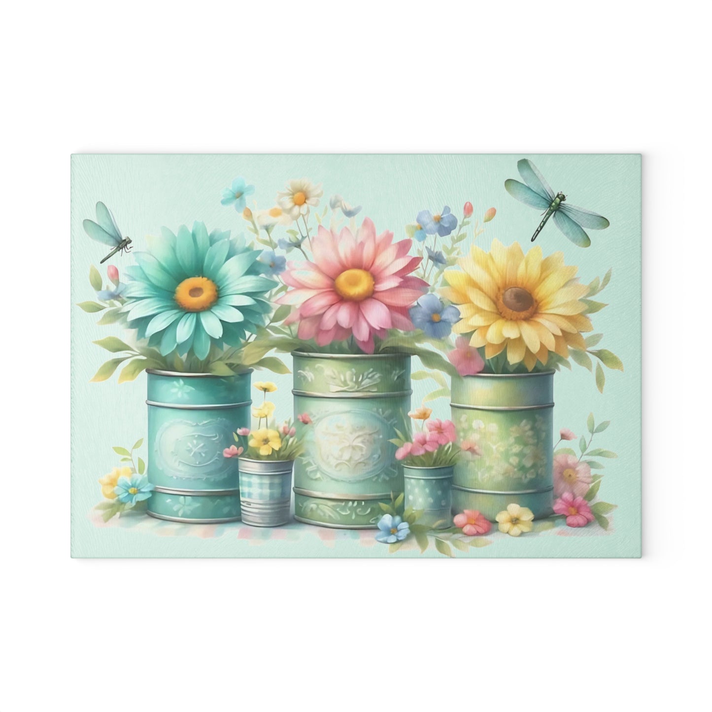 🌾 Dos libélulas con jarrones rústicos y flores silvestres – Tabla de cortar de vidrio con encanto campestre