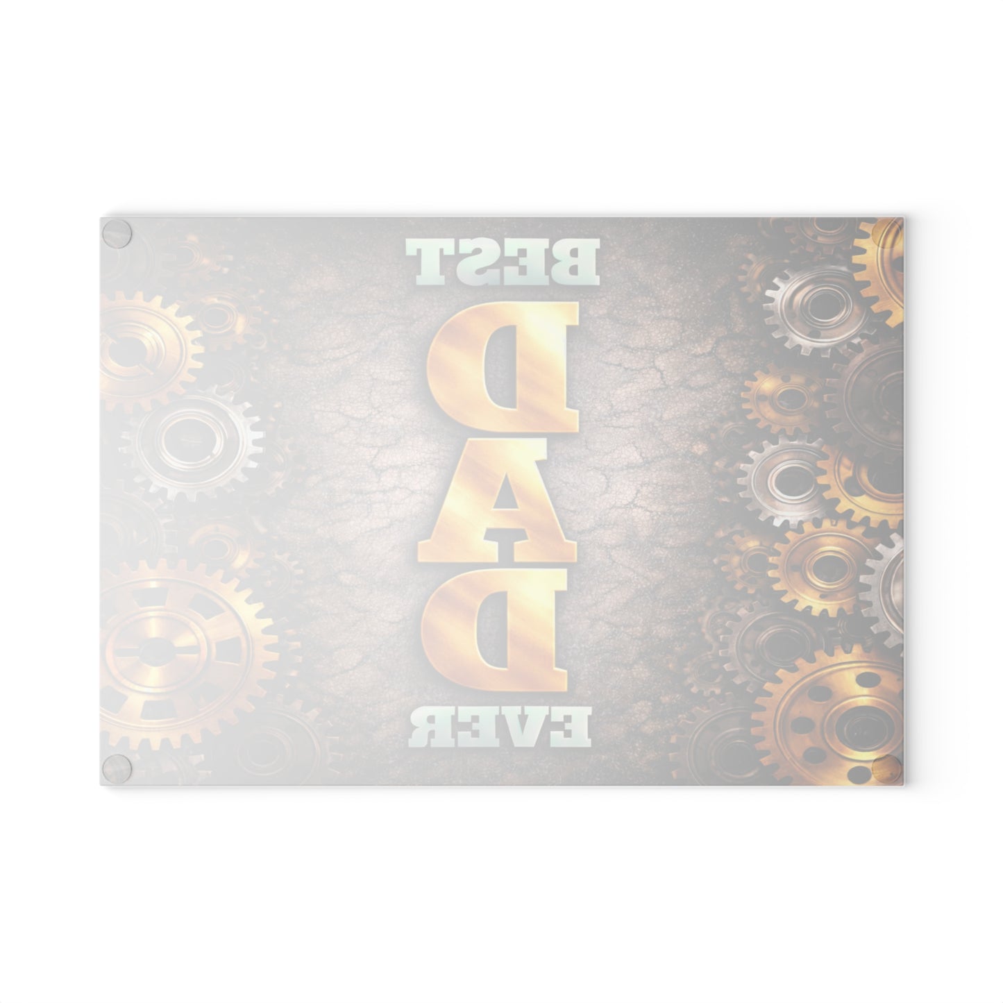 Best Dad Ever Glass Cutting Board – Industrial Gear Father Tribute Kitchen Art