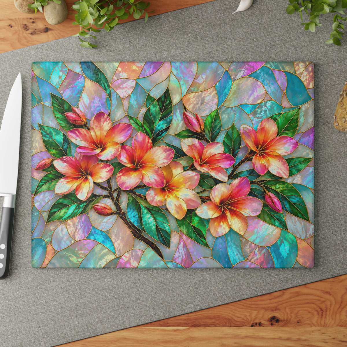 Stained-Glass-Inspired Tropical Plumeria Cutting Board – Pink & Golden Frangipani Flowers, Iridescent Mosaic Background & Botanical Kitchen Décor