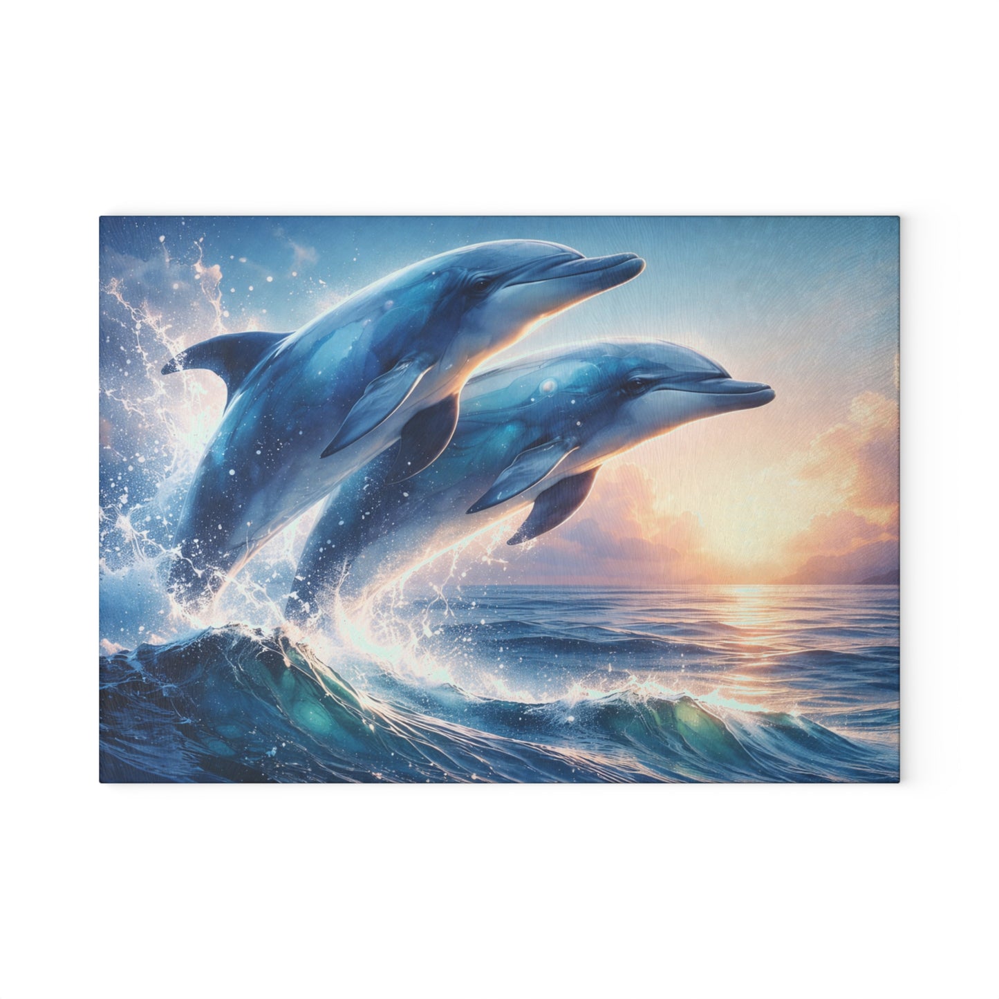 Dolphin Duo Glass Cutting Board – Ocean-Inspired Artwork of Two Playful Dolphins