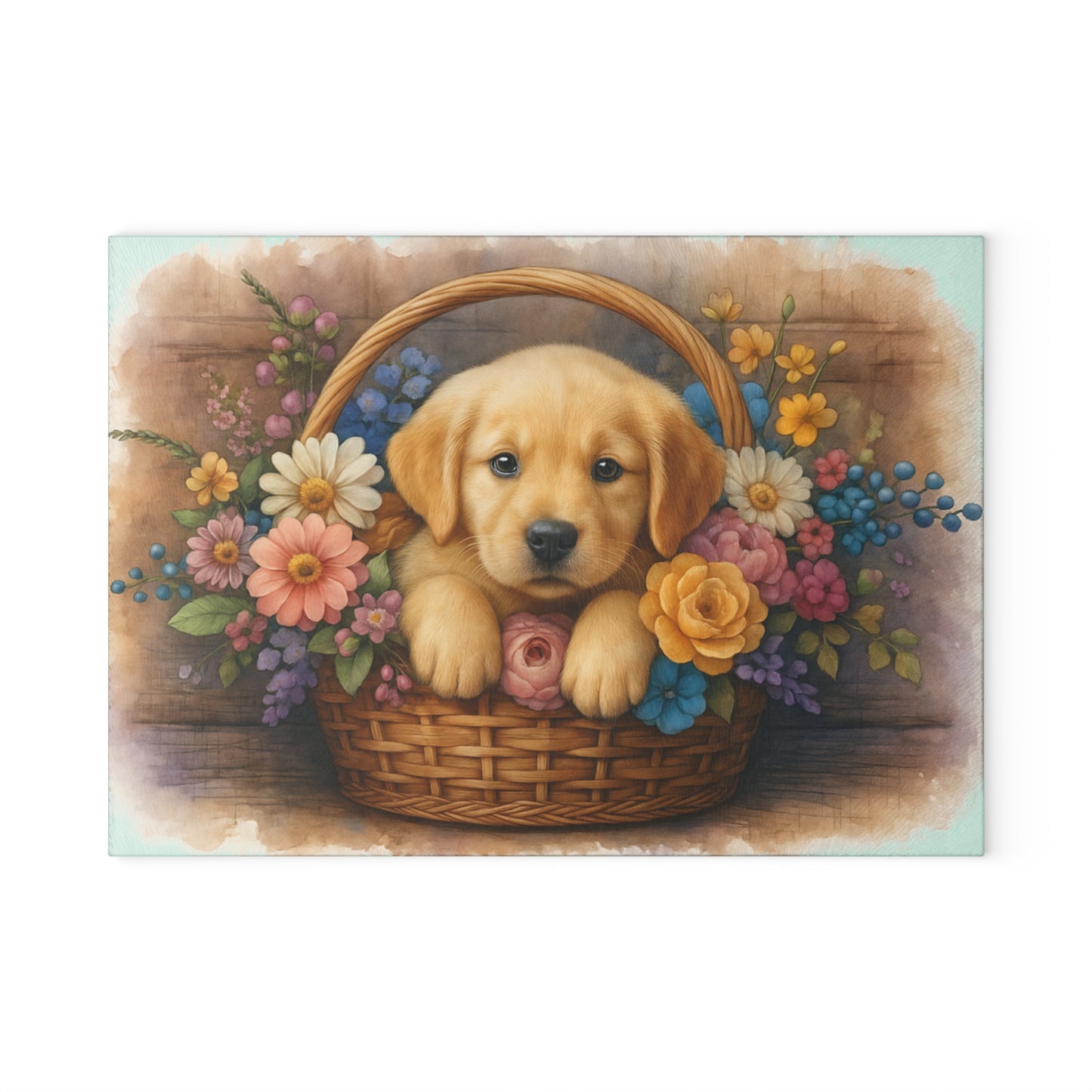 🐾🌼 Golden Puppy in Basket Cutting Board – Timeless Sweetness for Your Kitchen 🌸