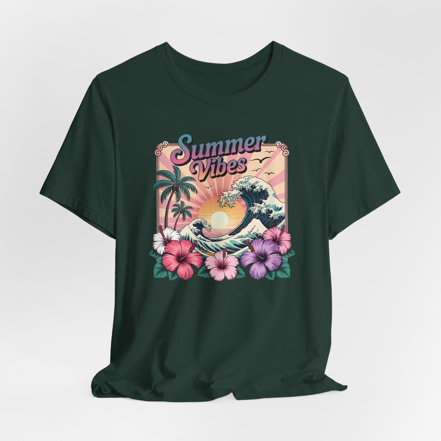 ☀️ Camiseta Summer Vibes – Ola playera vibrante, hibisco y palmeras | Camiseta gráfica para mujer