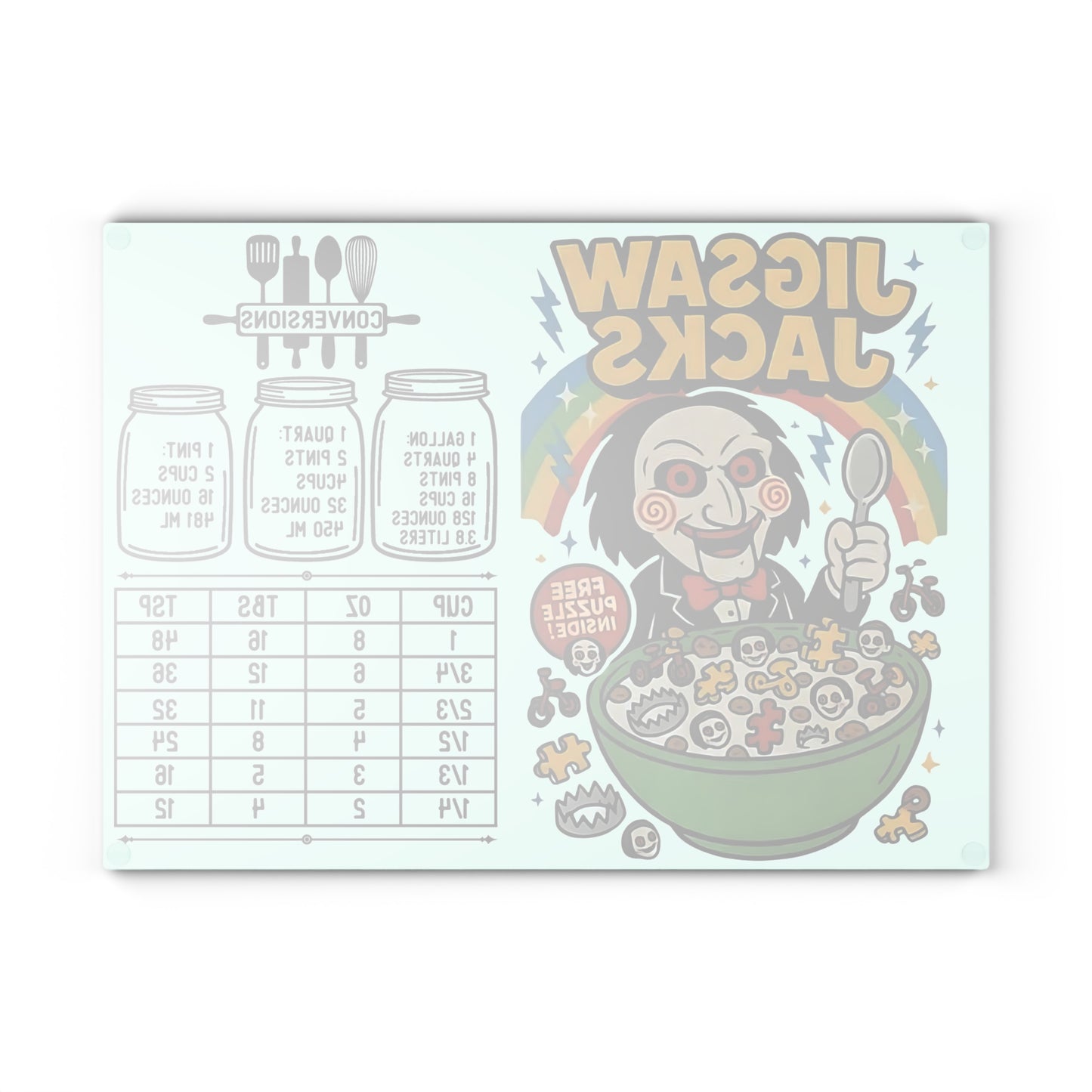 🧩 “Jigsaw Jacks” Horror Cereal Cutting Board – Twisted Fun at Every Meal! 🥄