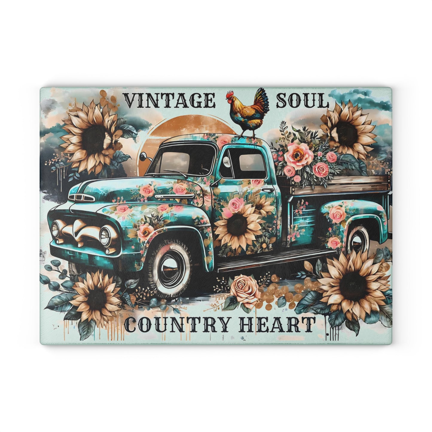 🚜🌻 Vintage Soul Country Heart Cutting Board – Rustic Truck & Sunflower Charm 🐓🌹