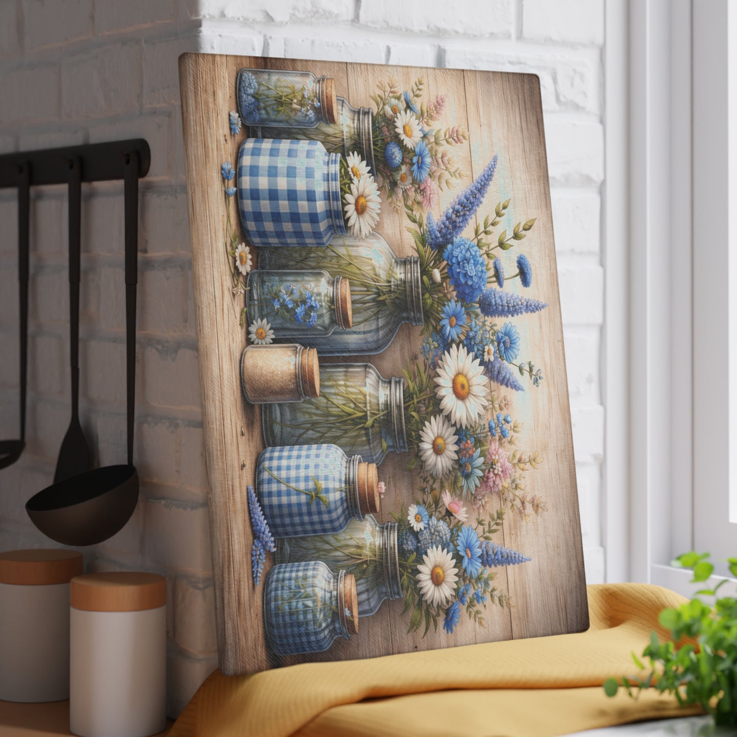 Blue Gingham Wildflower Mason Jar Glass Cutting Board – Rustic Farmhouse Kitchen Decor