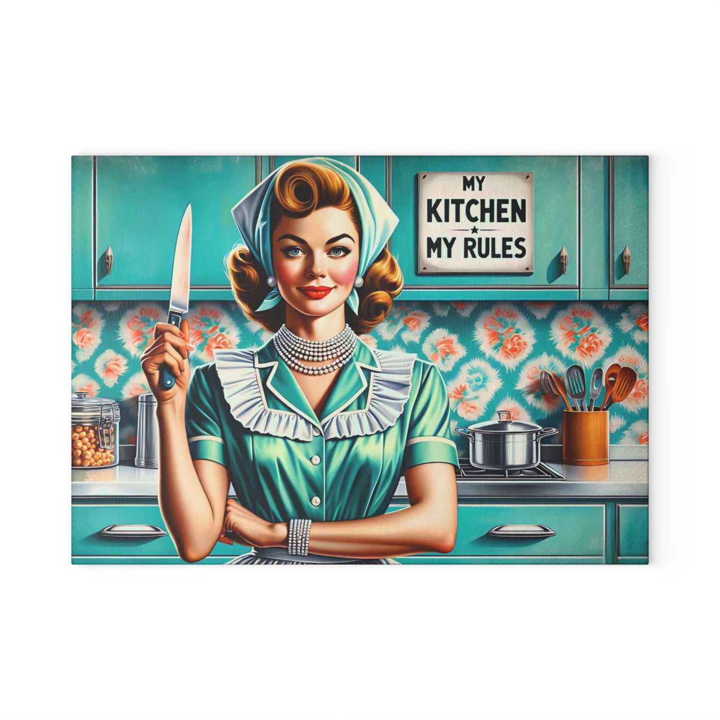 🍒✨ “Retro Kitchen Queen – My Kitchen, My Rules!” Glass Cutting Board – Sassy Vintage Charm