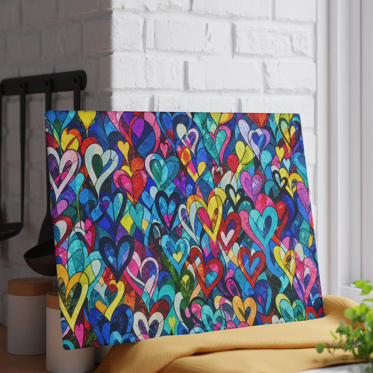 Colorful Hearts Stained-Glass-Inspired Glass Cutting Board – Rainbow Love Kitchen Decor