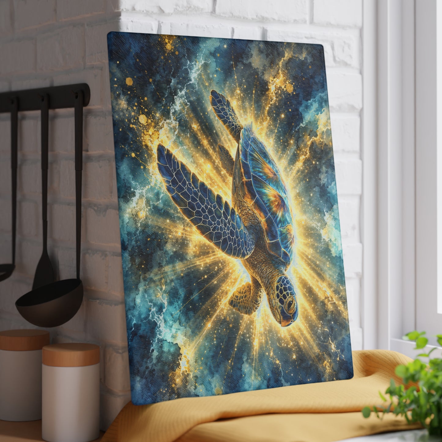 Radiant Sea Turtle Glass Cutting Board – Luminous Ocean Wildlife Art