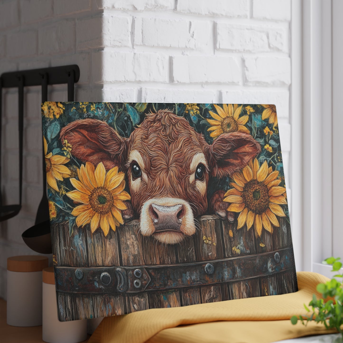 🐮🌻 Rustic Sunflower Calf Cutting Board – Farmhouse Charm for Your Kitchen 🌾