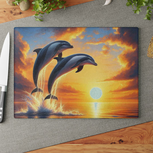 Tabla de cortar con forma de delfín, decoración de casa de playa, tabla de cortar de vidrio templado, amantes del océano, amantes del atardecer, regalo para amantes de los delfines, tabla de charcutería.