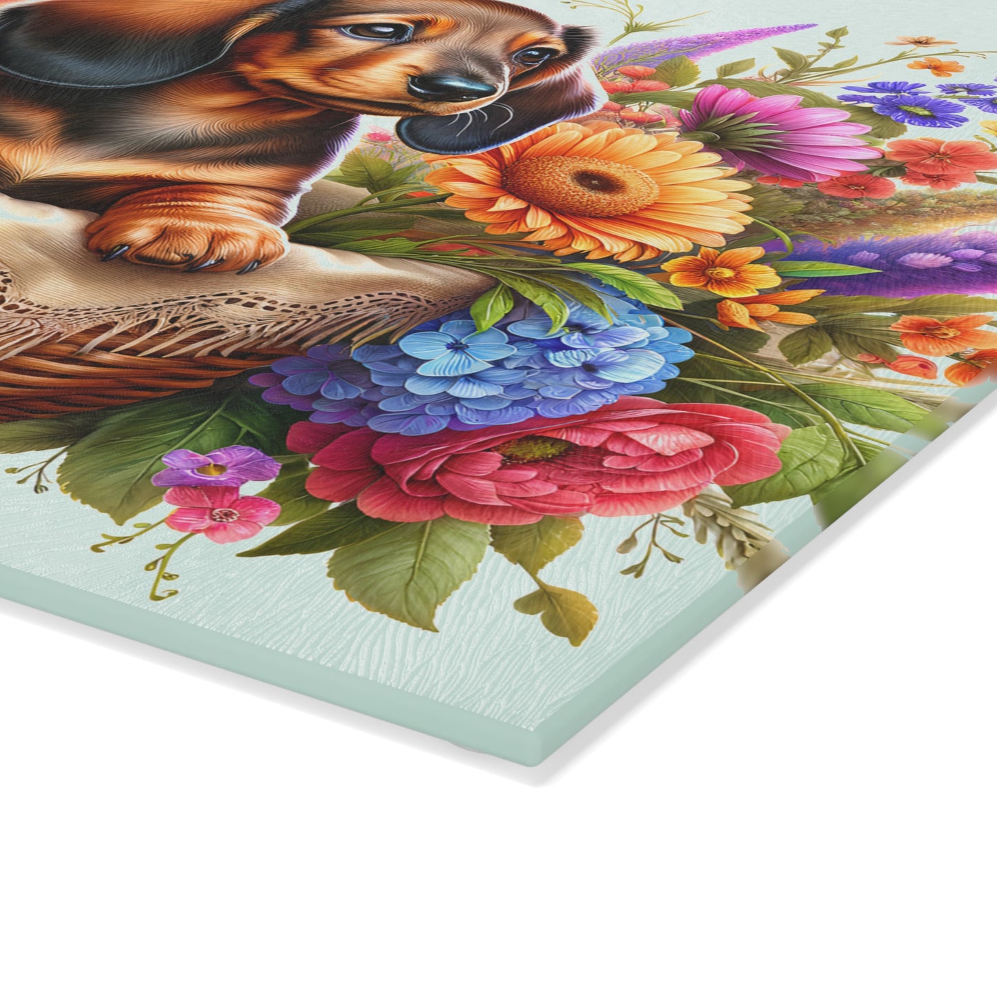 🌸 Dachshund Floral Basket Cutting Board – Whimsical Charm for Your Kitchen