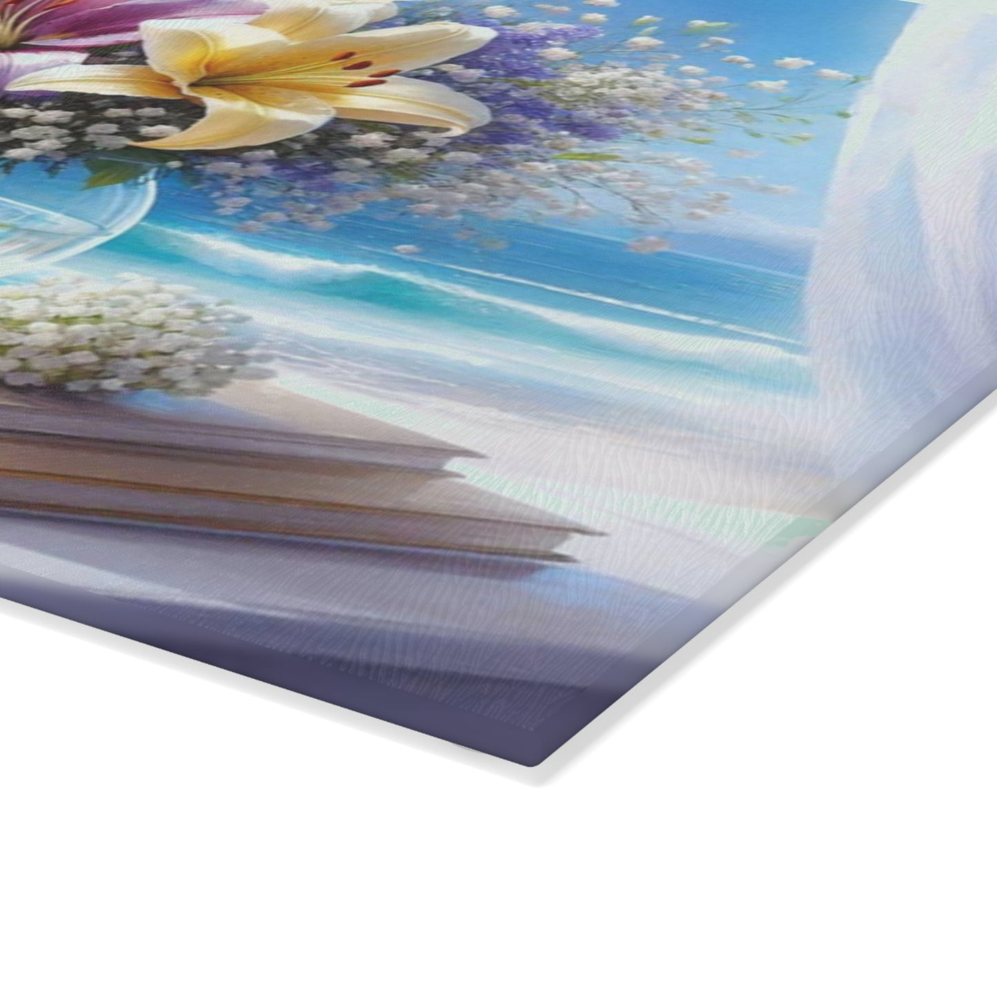 Tabla de cortar Ocean Breeze Lily: elegante decoración de cocina con escena playera floral