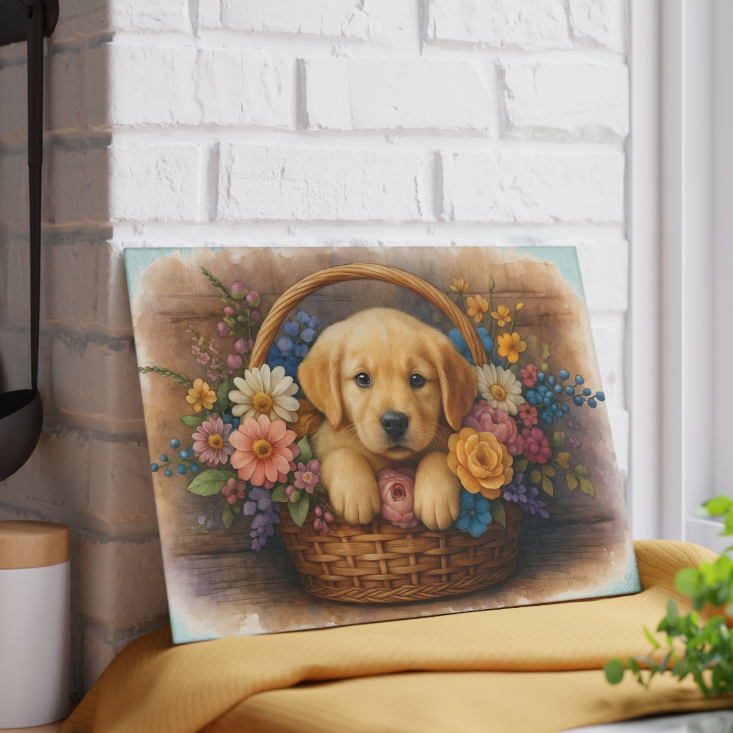 🐾🌼 Golden Puppy in Basket Cutting Board – Timeless Sweetness for Your Kitchen 🌸