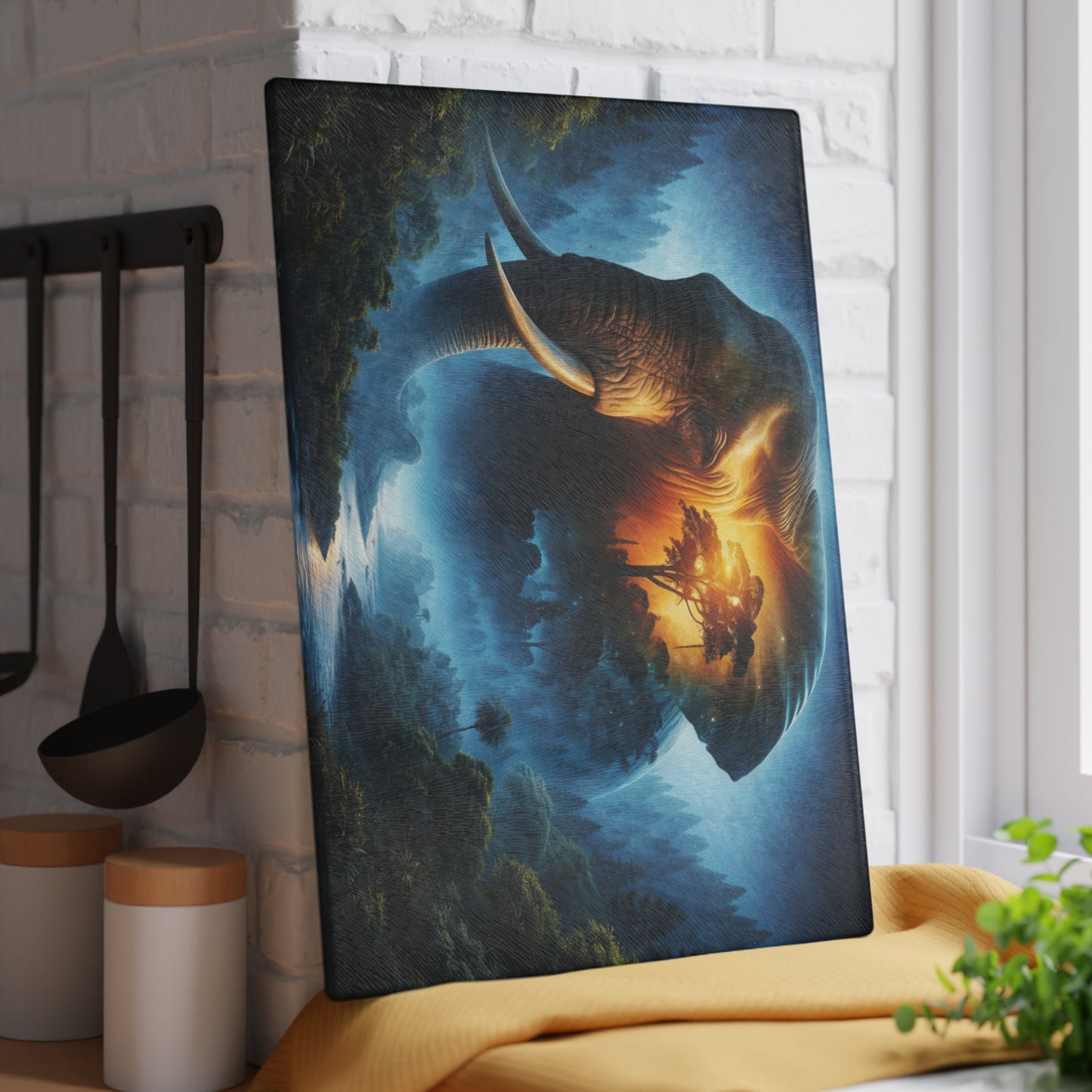Cosmic Elephant Spirit Forest Glass Cutting Board – Mystical Wildlife Nature Kitchen Art