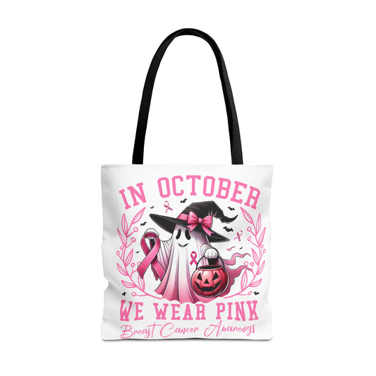 🎀 In October We Wear Pink Tote Bag – Breast Cancer Awareness with Spooky Charm 🎃