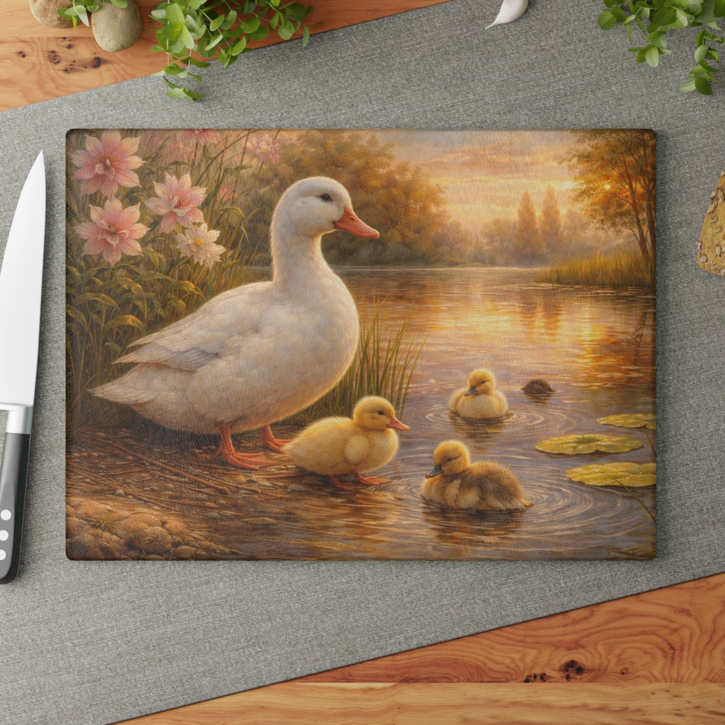 Mother Duck & Ducklings Peaceful Pond Glass Cutting Board – Cottage Nature Kitchen Art