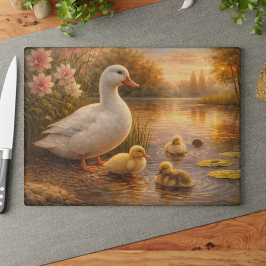 Mother Duck & Ducklings Peaceful Pond Glass Cutting Board – Cottage Nature Kitchen Art