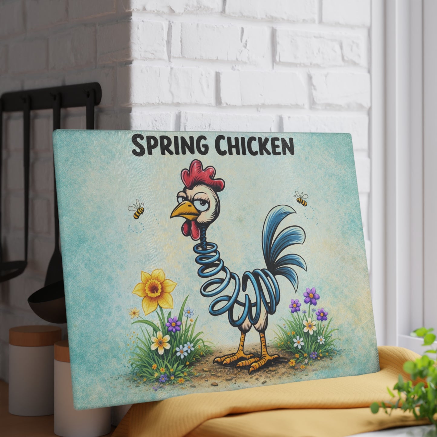 Spring Chicken Glass Cutting Board – Whimsical Chicken Artwork with Playful Spring Humor